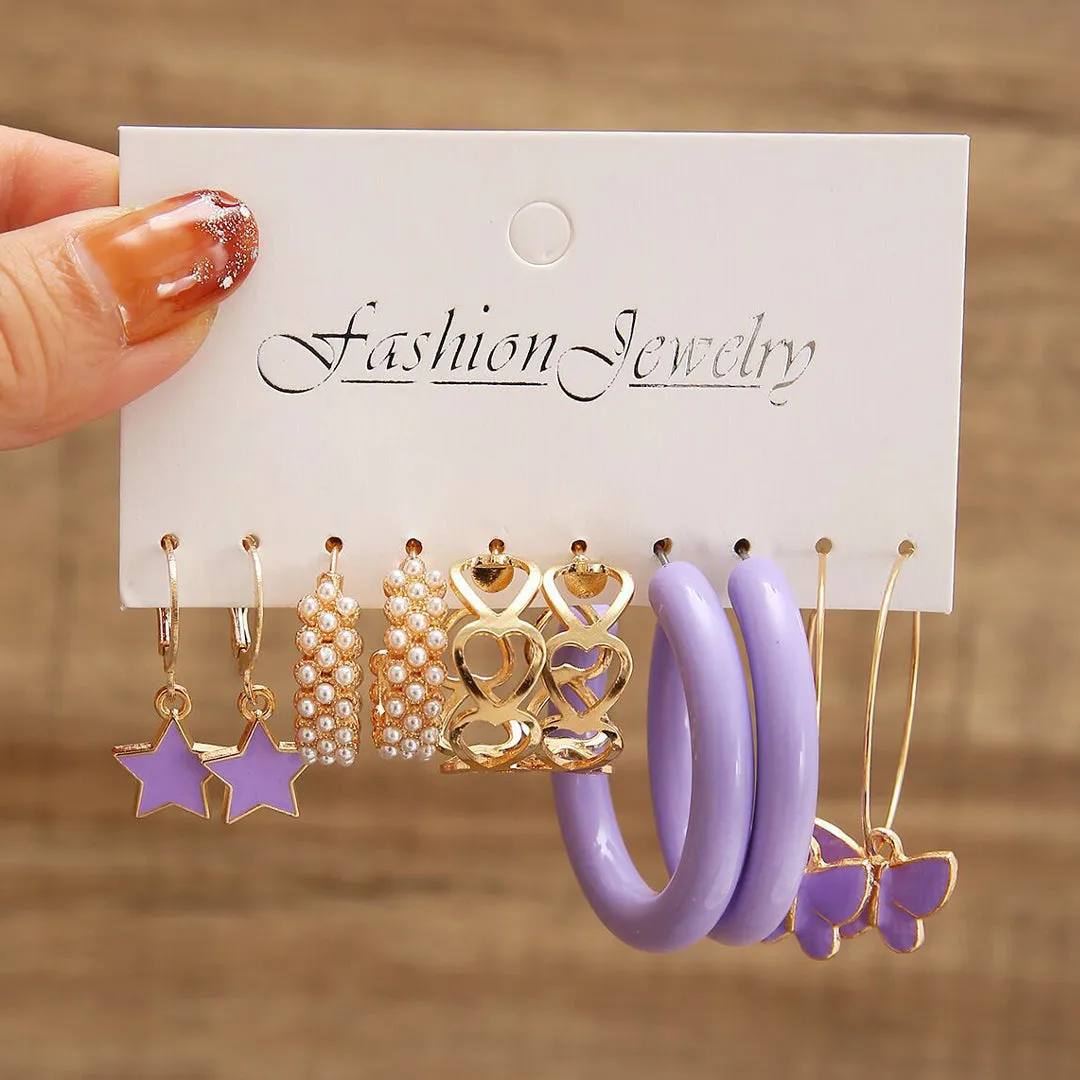 Combo of 5 Butterfly Star Heart Purple and Golden Hoop Earrings