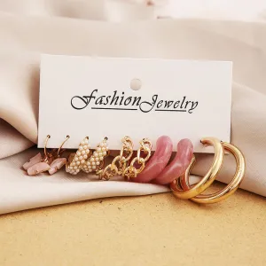 Combo of 5 Pair Pink Butterfly Pearl Hoop Earrings