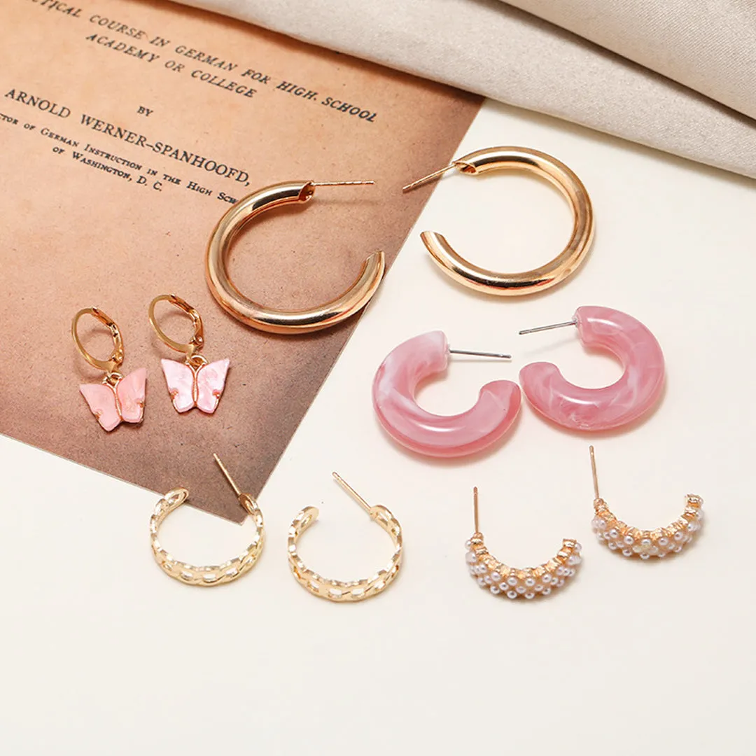 Combo of 5 Pair Pink Butterfly Pearl Hoop Earrings