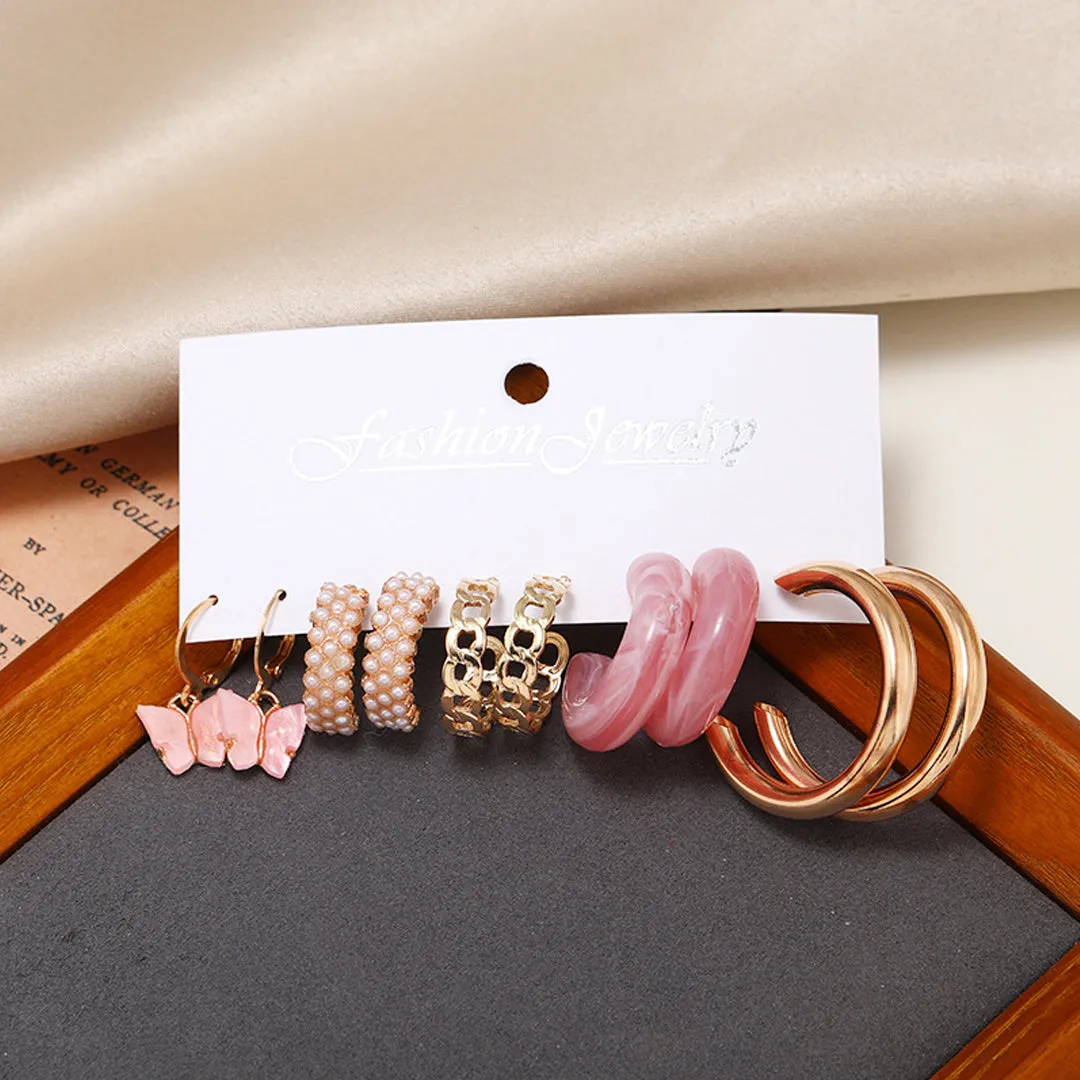Combo of 5 Pair Pink Butterfly Pearl Hoop Earrings
