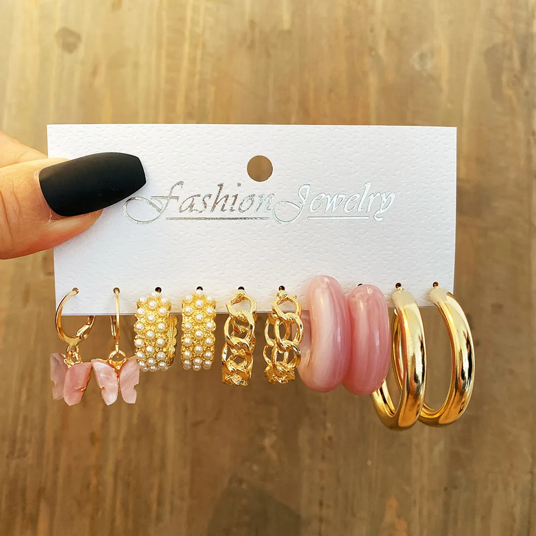 Combo of 5 Pair Pink Butterfly Pearl Hoop Earrings