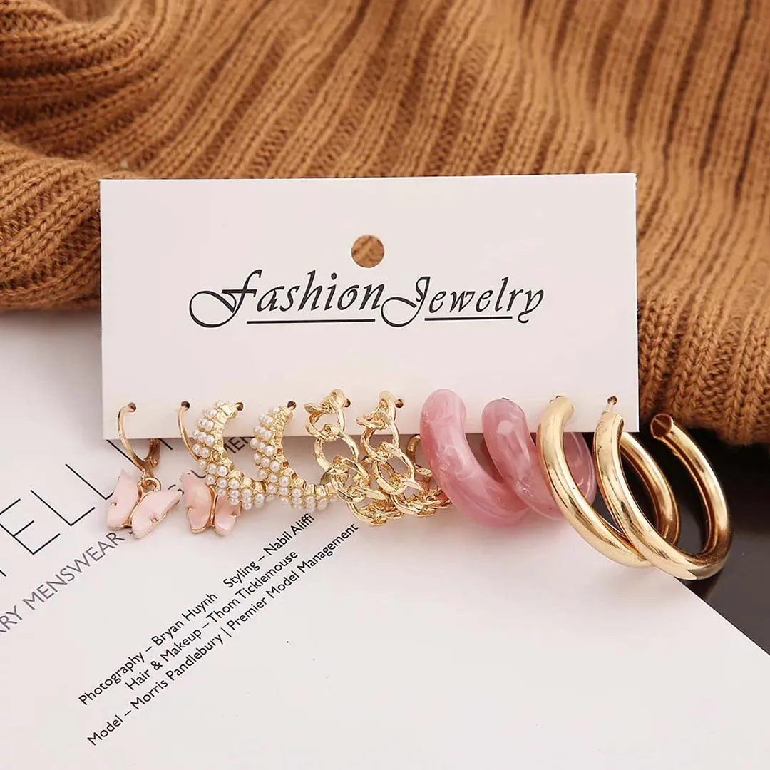 Combo of 5 Pair Pink Butterfly Pearl Hoop Earrings