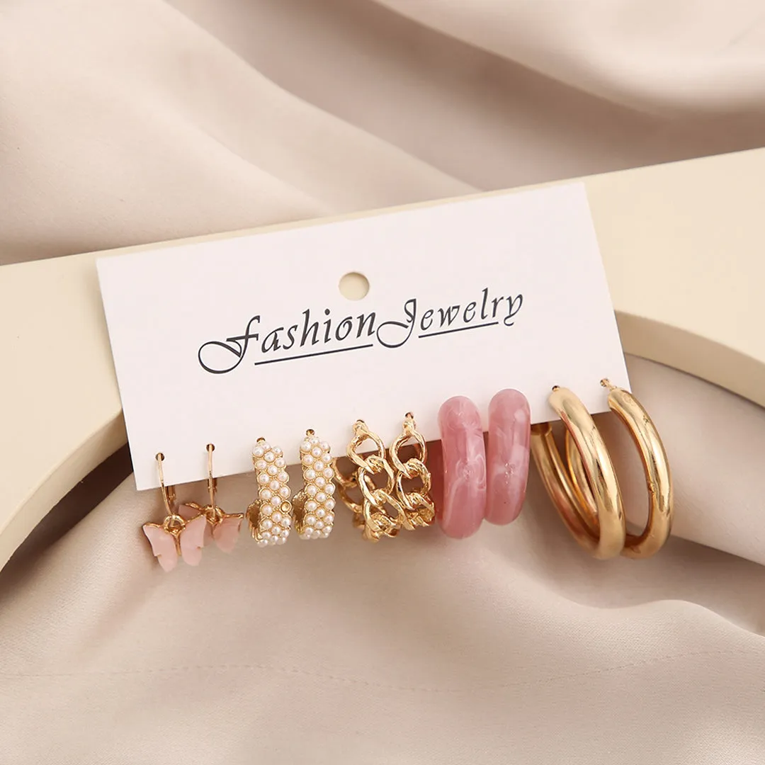Combo of 5 Pair Pink Butterfly Pearl Hoop Earrings