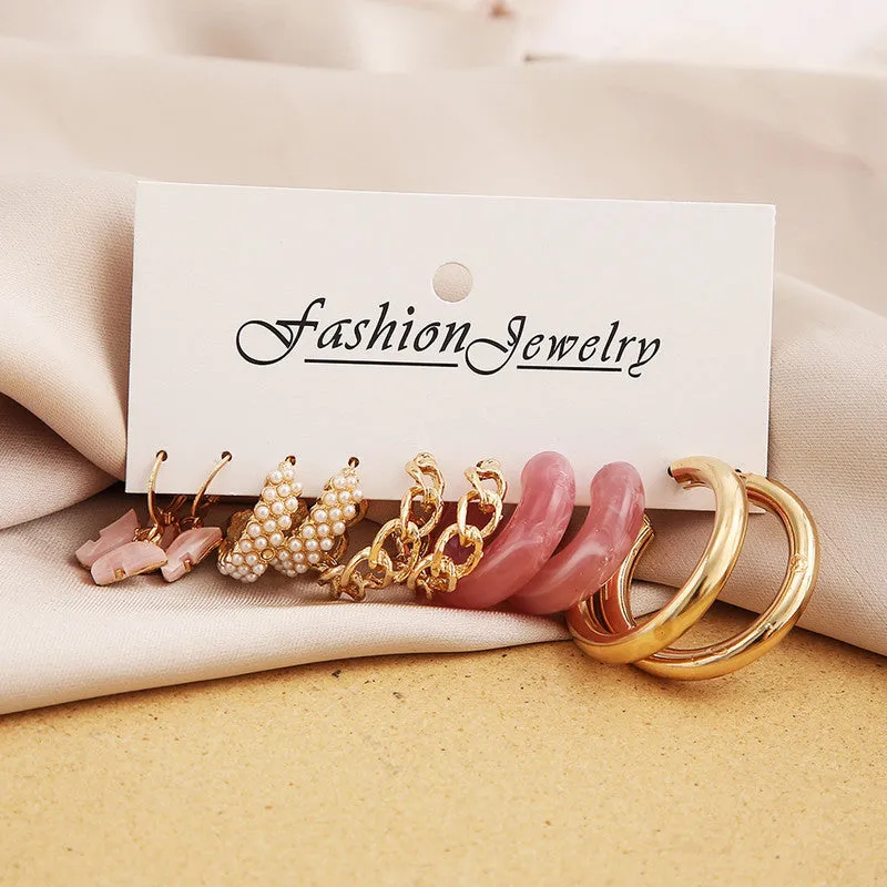Combo of 5 Pair Pink Butterfly Pearl Hoop Earrings