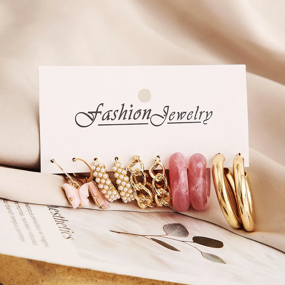 Combo of 5 Pair Pink Butterfly Pearl Hoop Earrings