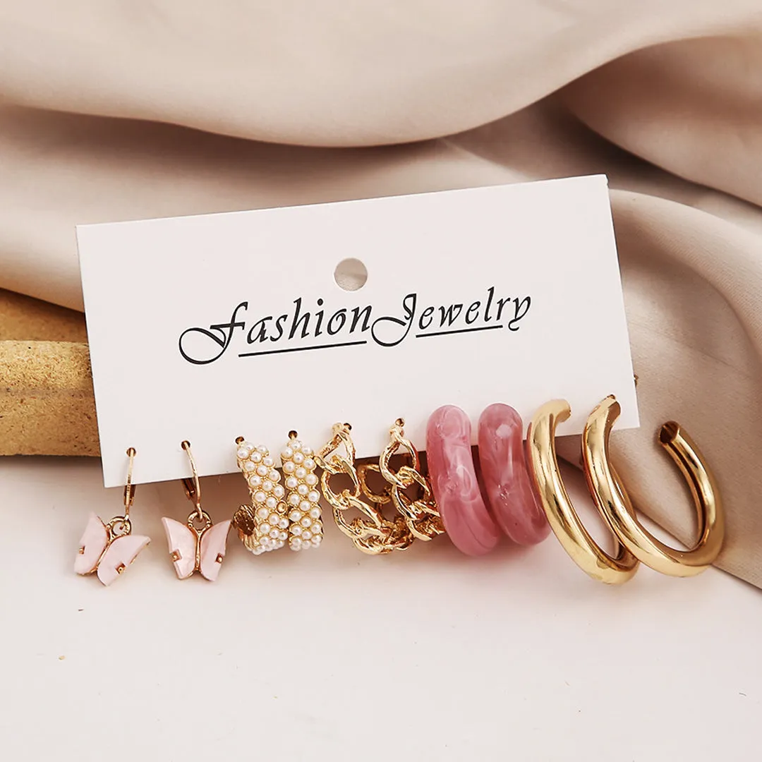 Combo of 5 Pair Pink Butterfly Pearl Hoop Earrings