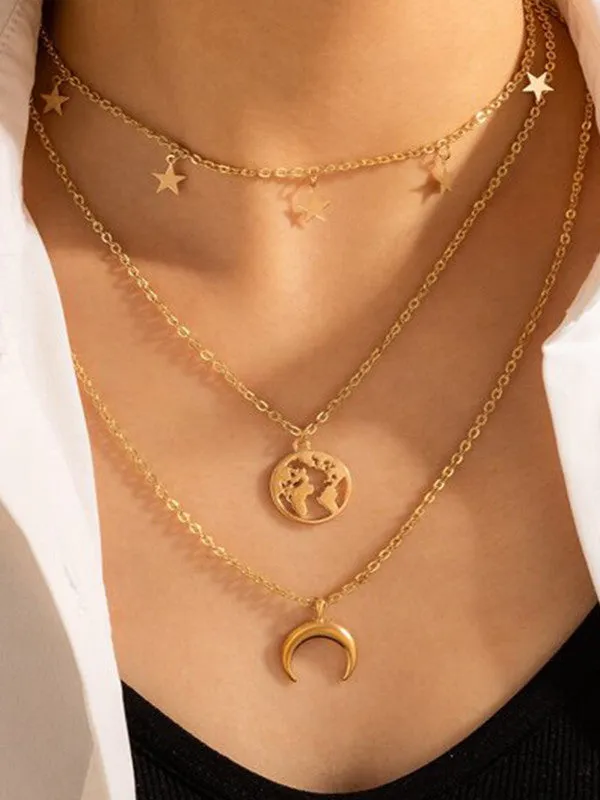 Combo Of Layered Earth Star Pendant With Earring Set