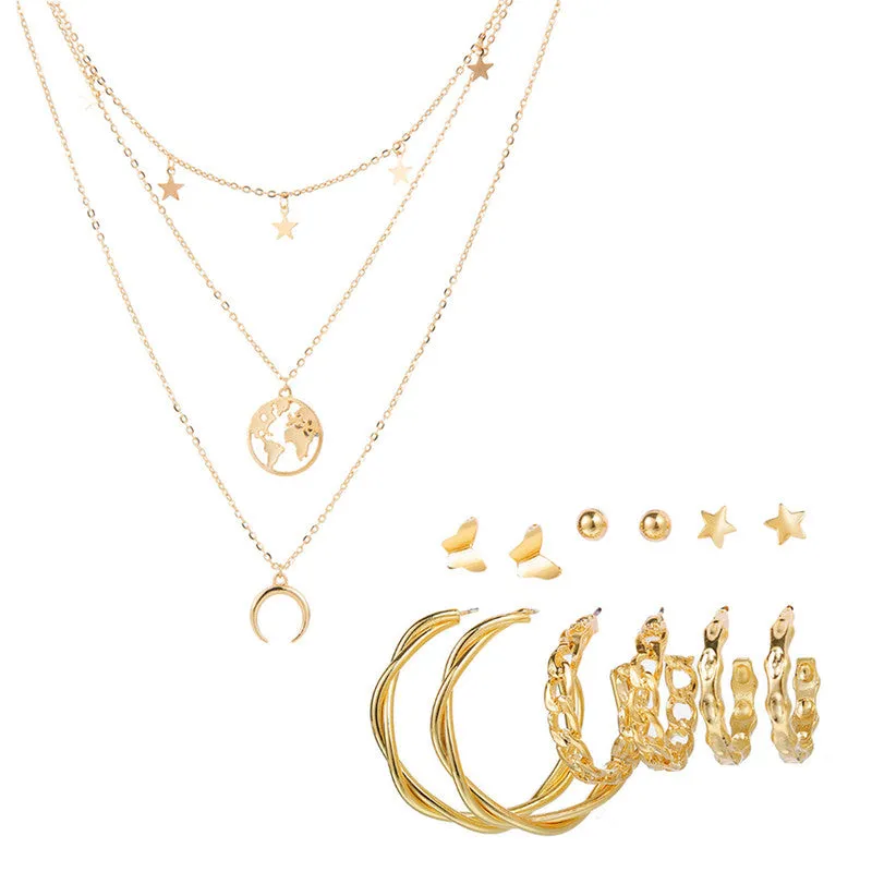 Combo Of Layered Earth Star Pendant With Earring Set