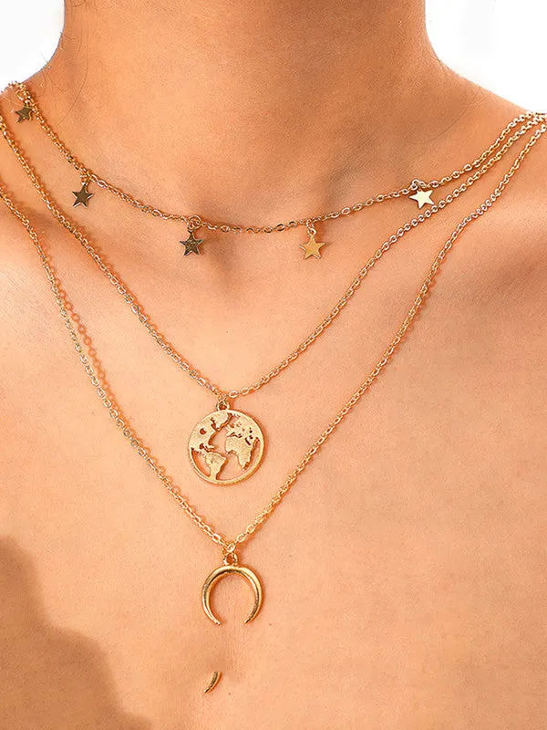 Combo Of Layered Earth Star Pendant With Earring Set