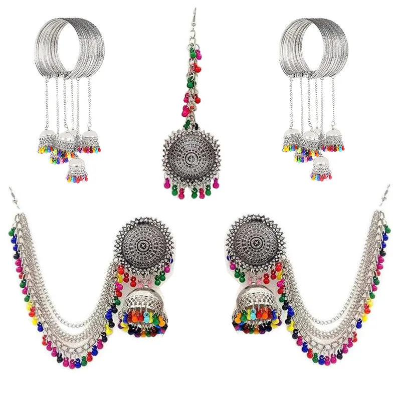 Combo of Multicolor Bracelet Bahubali Earrings With Maang Tikka