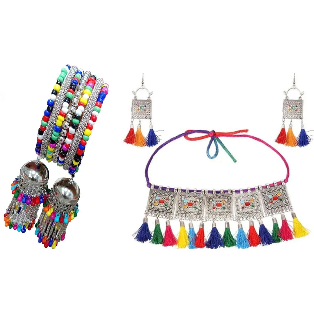 Combo of Oxidised Silver Multicolor Bracelet and Jewelry set