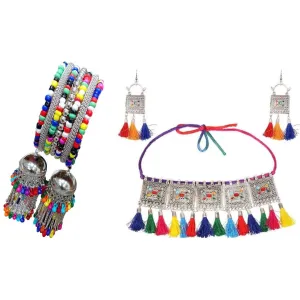Combo of Oxidised Silver Multicolor Bracelet and Jewelry set