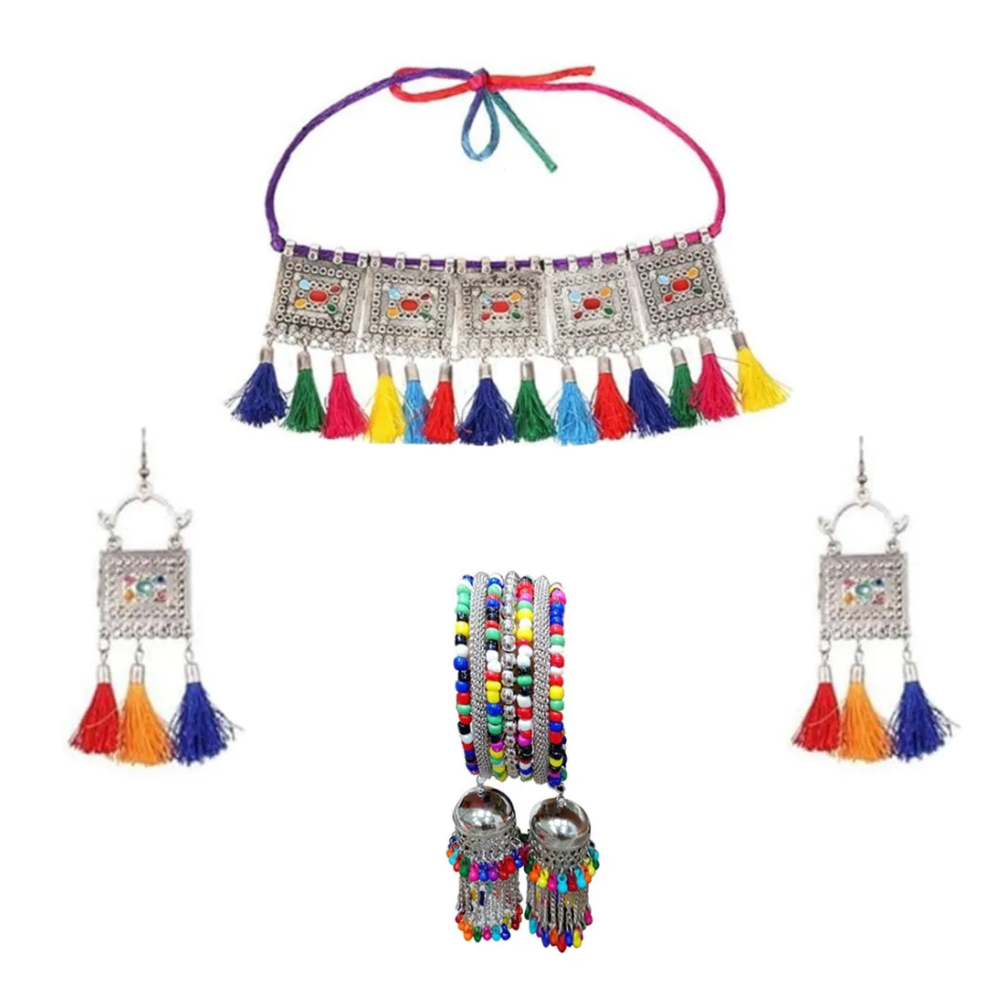 Combo of Oxidised Silver Multicolor Bracelet and Jewelry set