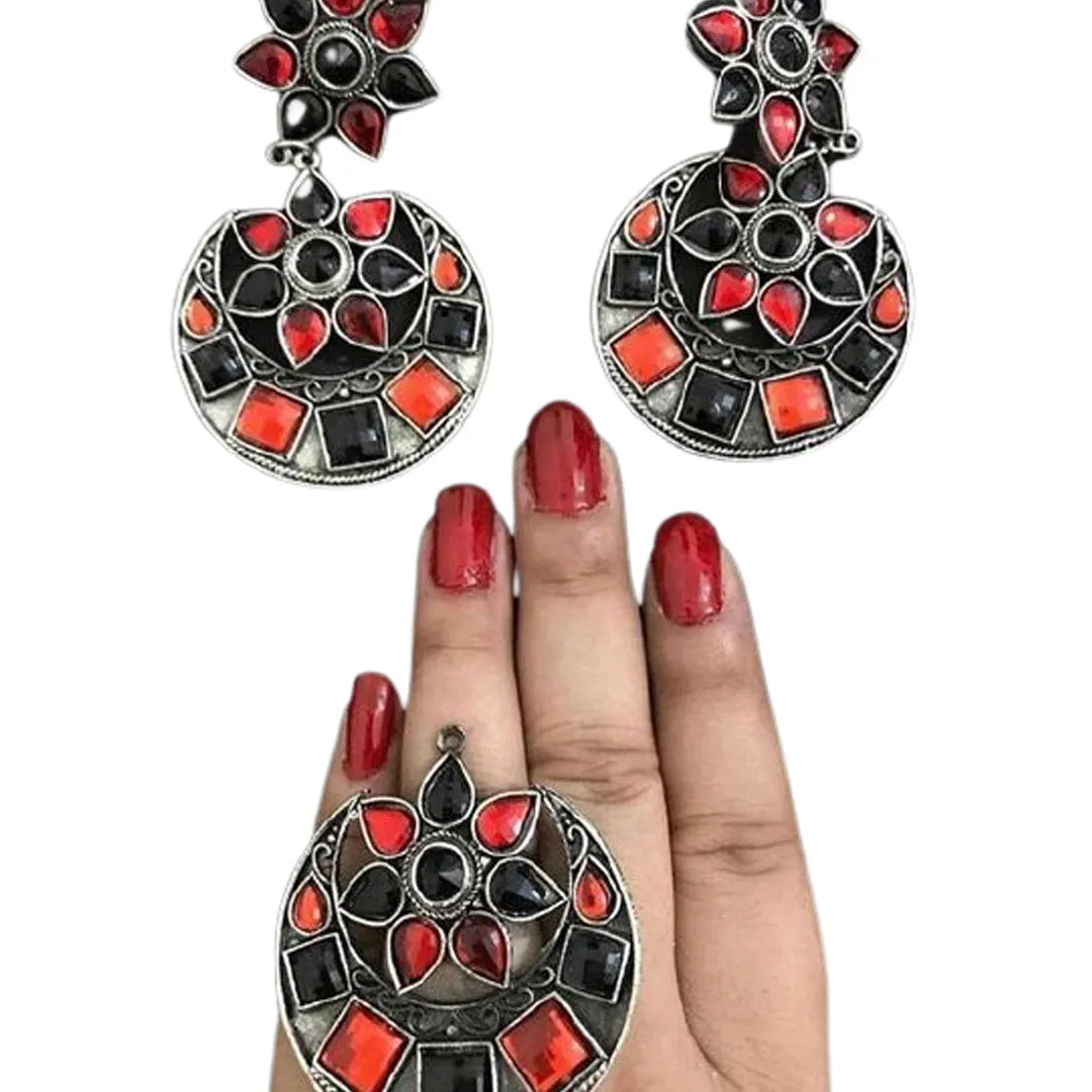 Combo of Red Black Stones Stud Earrings With Ring