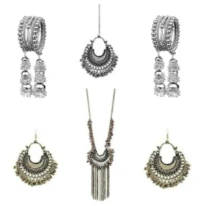 Combo of Silver Jewelry Set With Maang Tikka and Bangle Bracelet