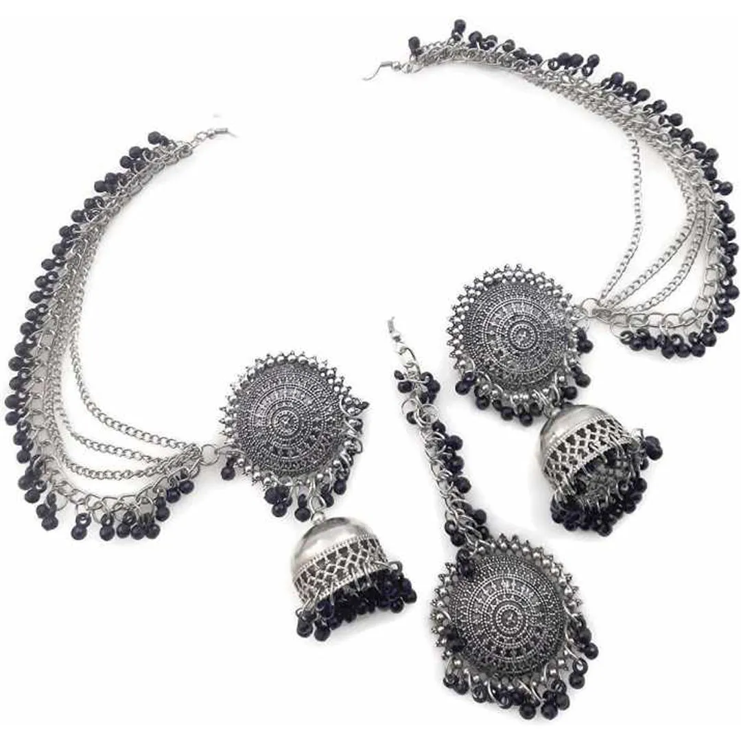 Combo of Silver Jhumki and Bahubali Earrings With Maang Tikka