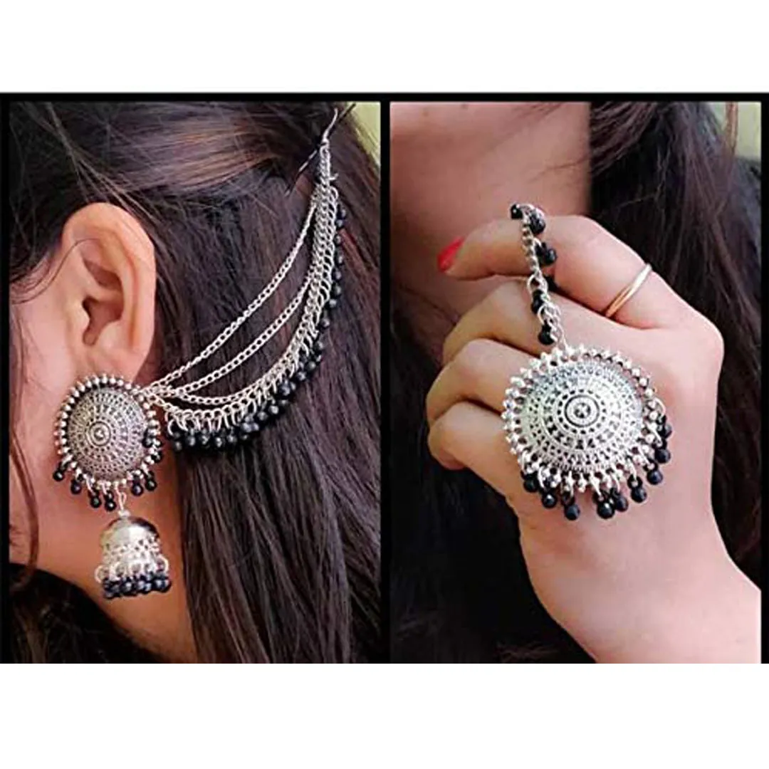 Combo of Silver Jhumki and Bahubali Earrings With Maang Tikka