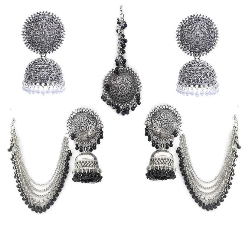 Combo of Silver Jhumki and Bahubali Earrings With Maang Tikka