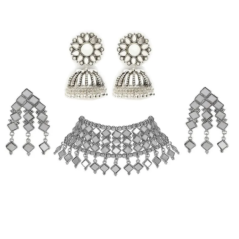 Combo of Silver Mirror Jewelry Set and Jhumki