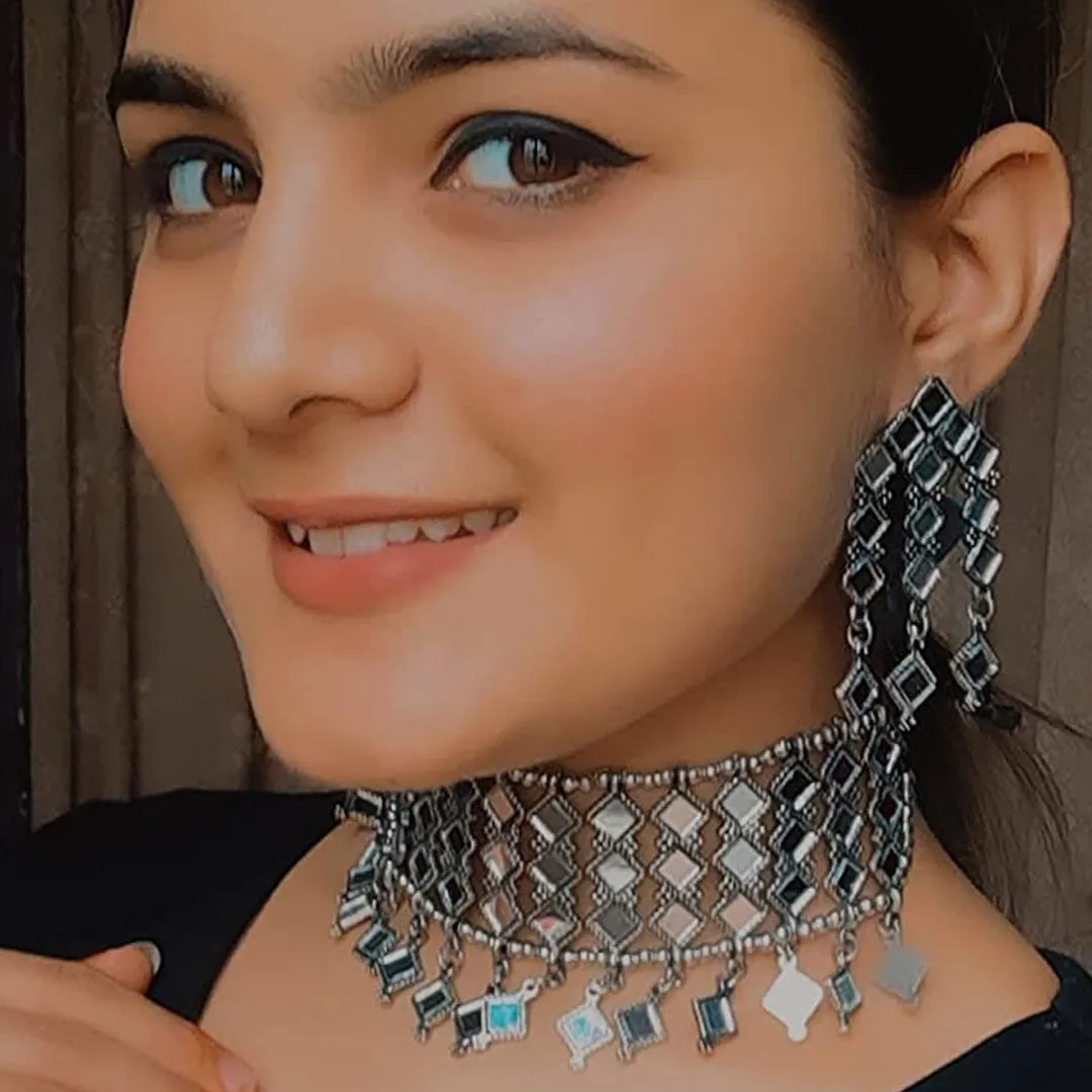 Combo of Silver Mirror Jewelry Set and Jhumki