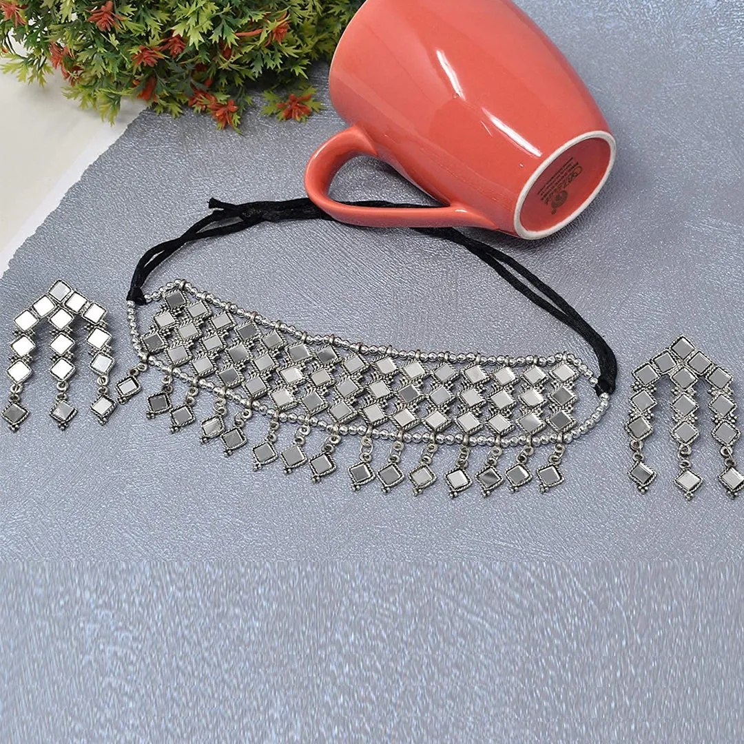 Combo of Silver Mirror Jewelry Set and Jhumki