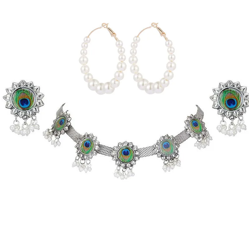 Combo of Silver Pearl Peacock Jewelry Set and Hoop Earrings