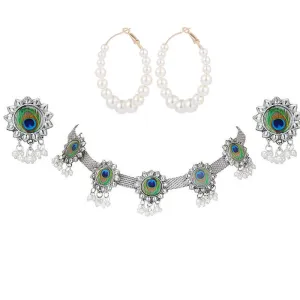 Combo of Silver Pearl Peacock Jewelry Set and Hoop Earrings