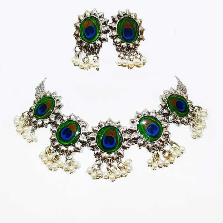 Combo of Silver Pearl Peacock Jewelry Set and Hoop Earrings