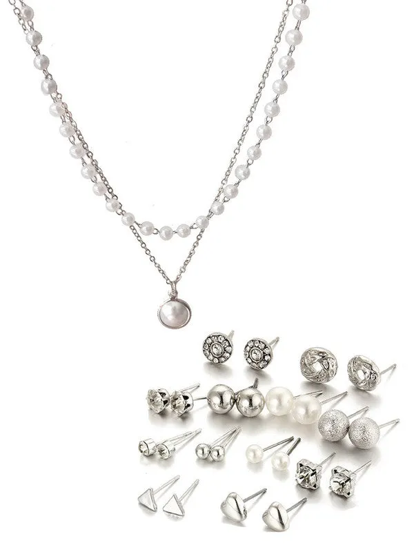 Combo Of Silver Pearl Pendant With Earring Set
