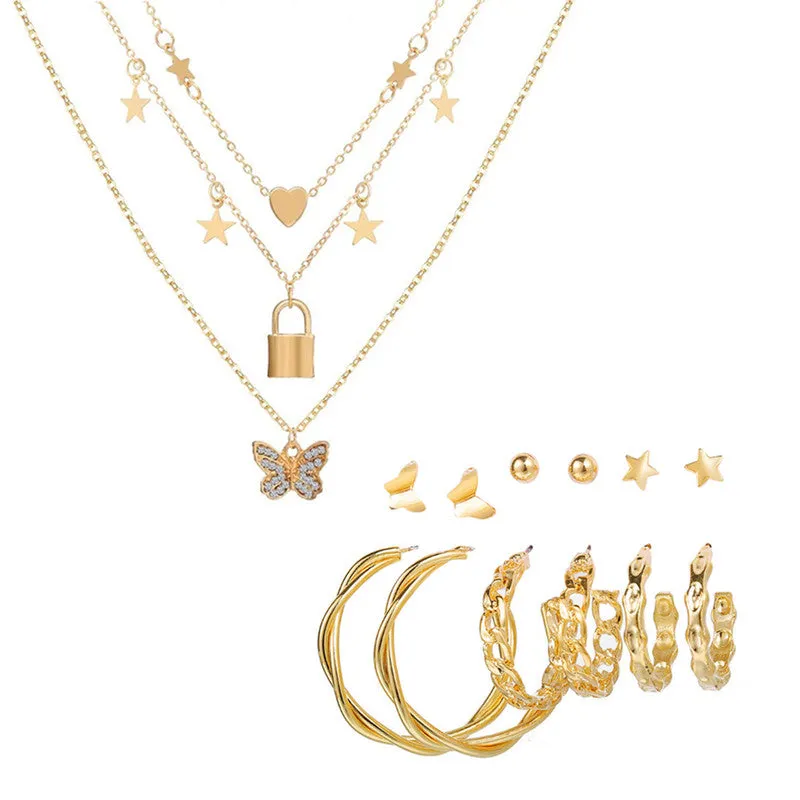 Combo Of Studded  Butterfly Pendant With Earring Set