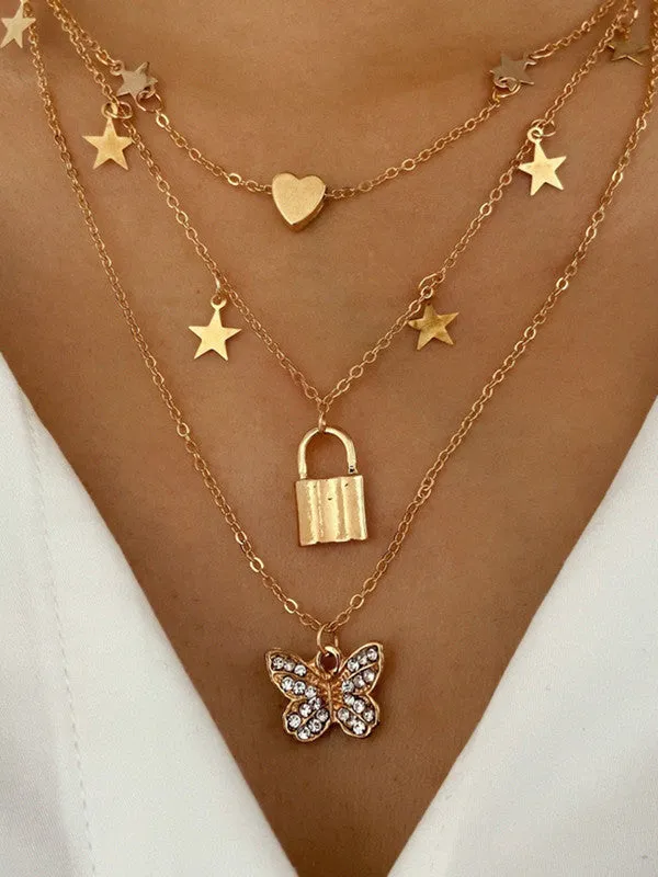 Combo Of Studded  Butterfly Pendant With Earring Set