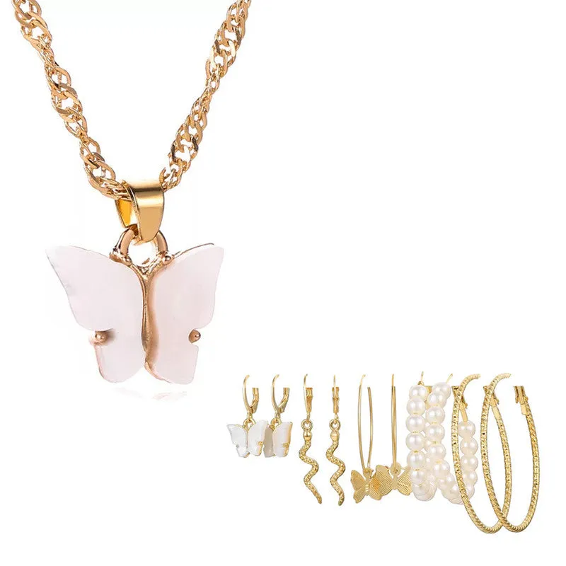 Combo Of White Butterfly Pendant With Earrings Set