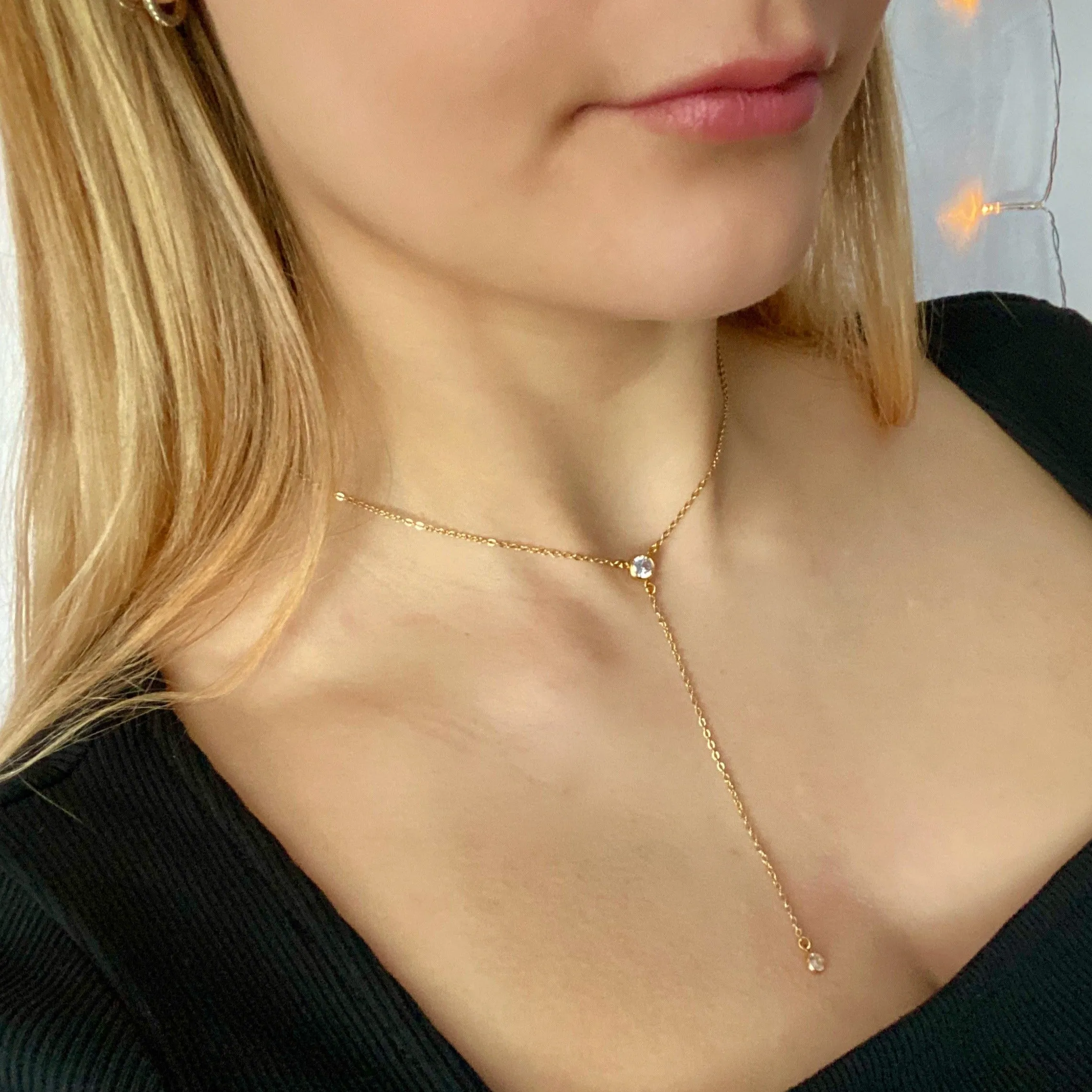 Cubic Zirconia Center Solitaire Jewel Y 14K Gold Necklace
