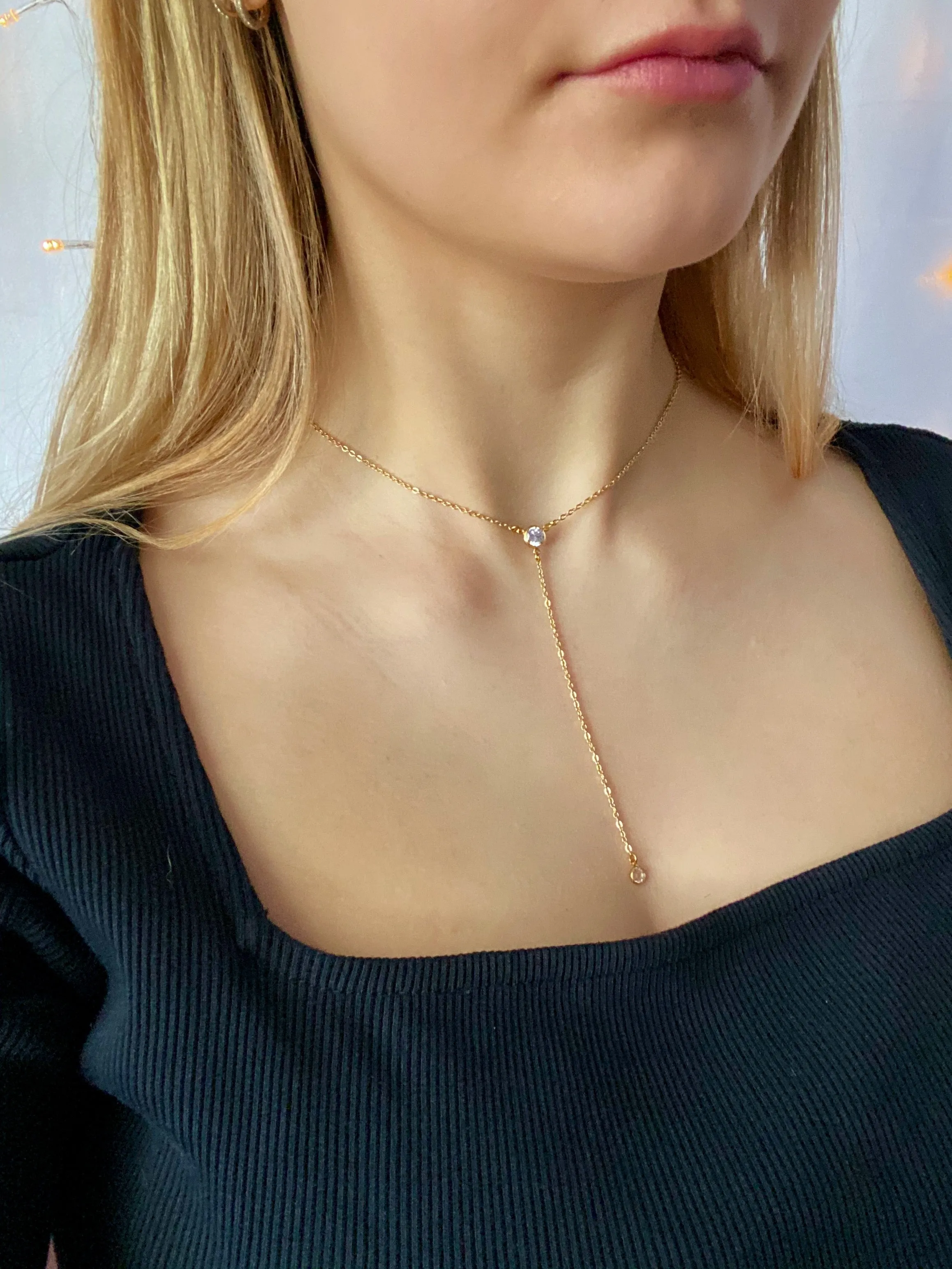 Cubic Zirconia Center Solitaire Jewel Y 14K Gold Necklace