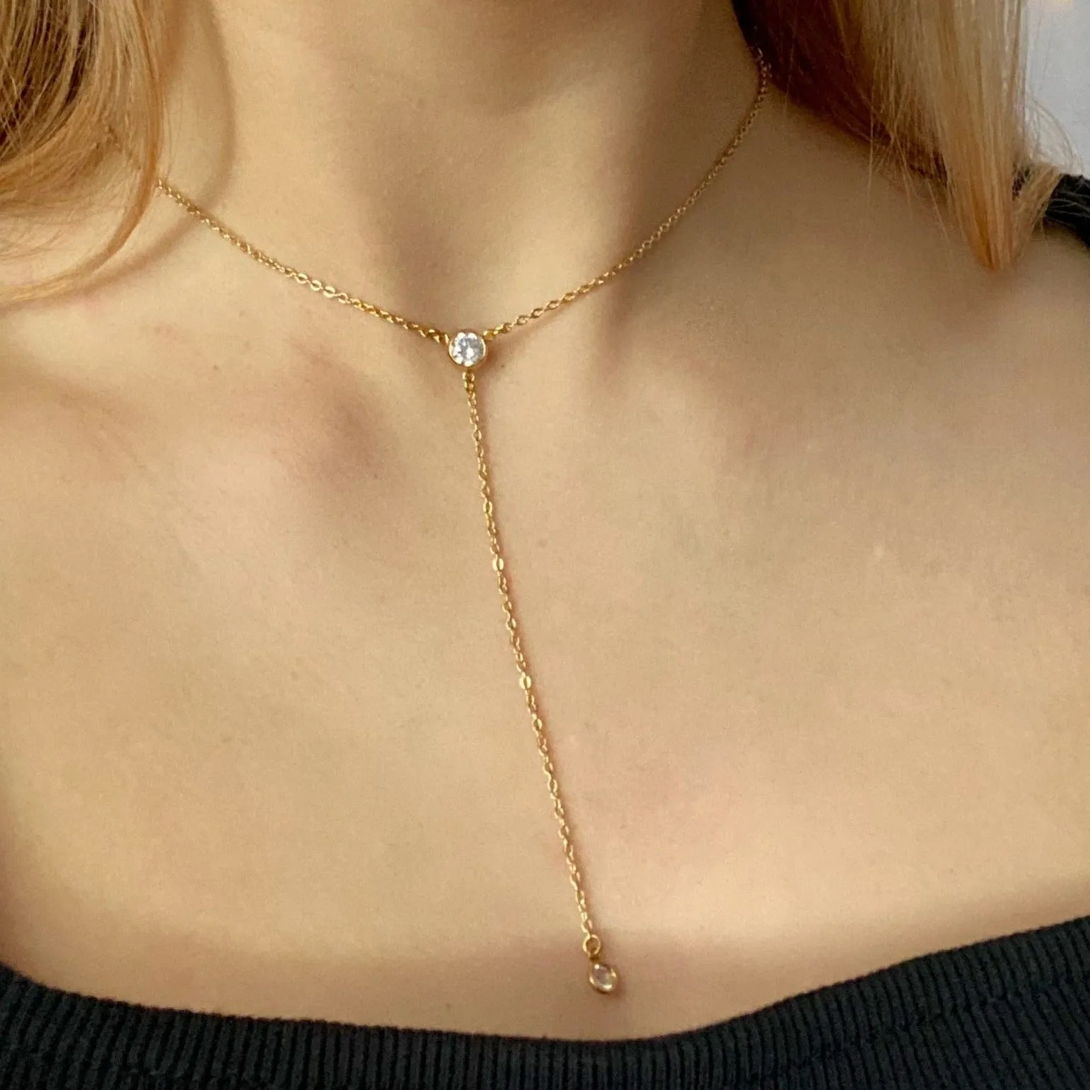 Cubic Zirconia Center Solitaire Jewel Y 14K Gold Necklace