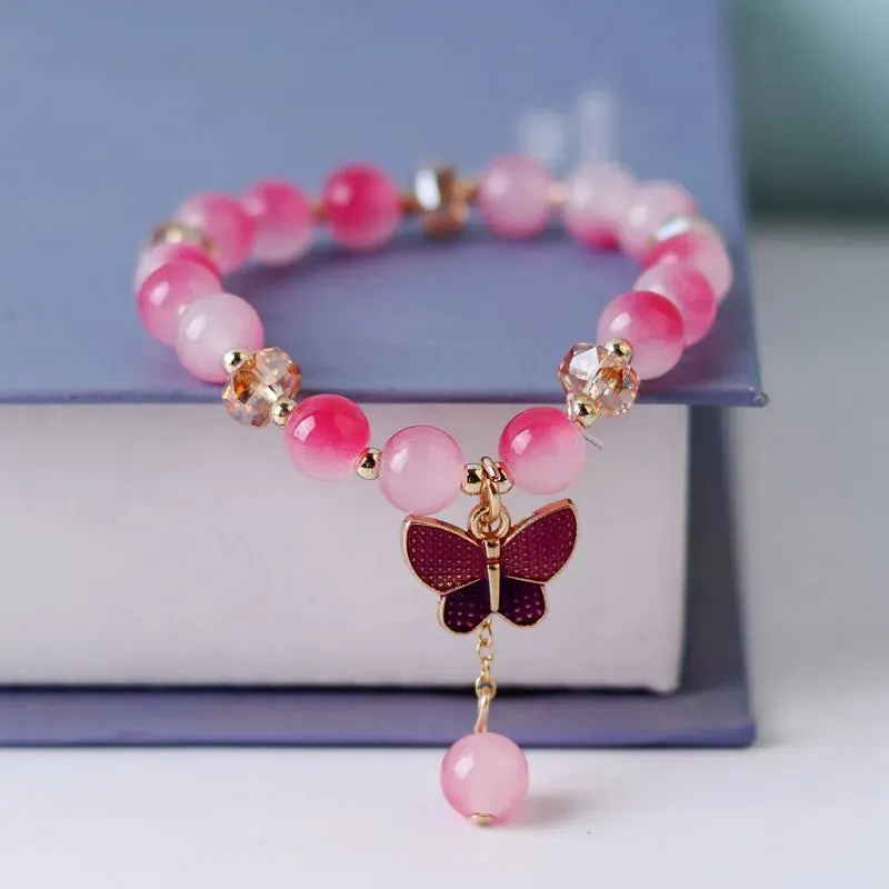 Cute Rhinestone Butterfly Charms Bracelet For Women Korean Fashion Crystal Beaded Bracelets Bridal Wedding Jewelry Travel Gift
