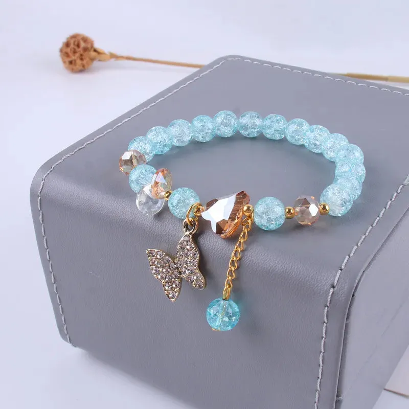 Cute Rhinestone Butterfly Charms Bracelet For Women Korean Fashion Crystal Beaded Bracelets Bridal Wedding Jewelry Travel Gift