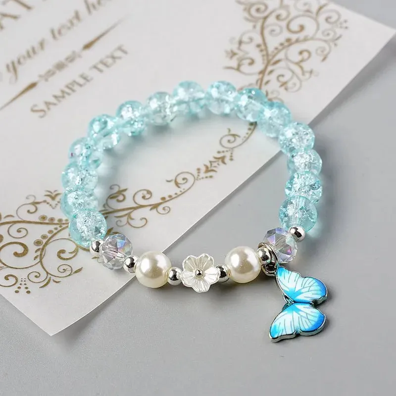 Cute Rhinestone Butterfly Charms Bracelet For Women Korean Fashion Crystal Beaded Bracelets Bridal Wedding Jewelry Travel Gift