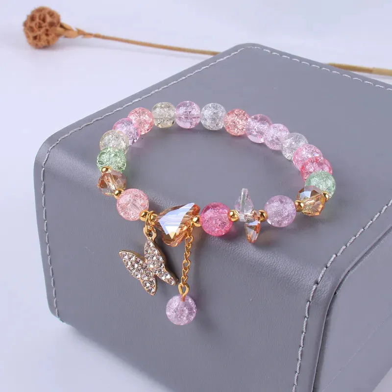 Cute Rhinestone Butterfly Charms Bracelet For Women Korean Fashion Crystal Beaded Bracelets Bridal Wedding Jewelry Travel Gift