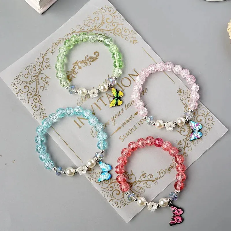 Cute Rhinestone Butterfly Charms Bracelet For Women Korean Fashion Crystal Beaded Bracelets Bridal Wedding Jewelry Travel Gift
