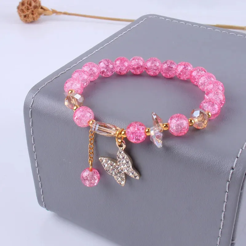 Cute Rhinestone Butterfly Charms Bracelet For Women Korean Fashion Crystal Beaded Bracelets Bridal Wedding Jewelry Travel Gift