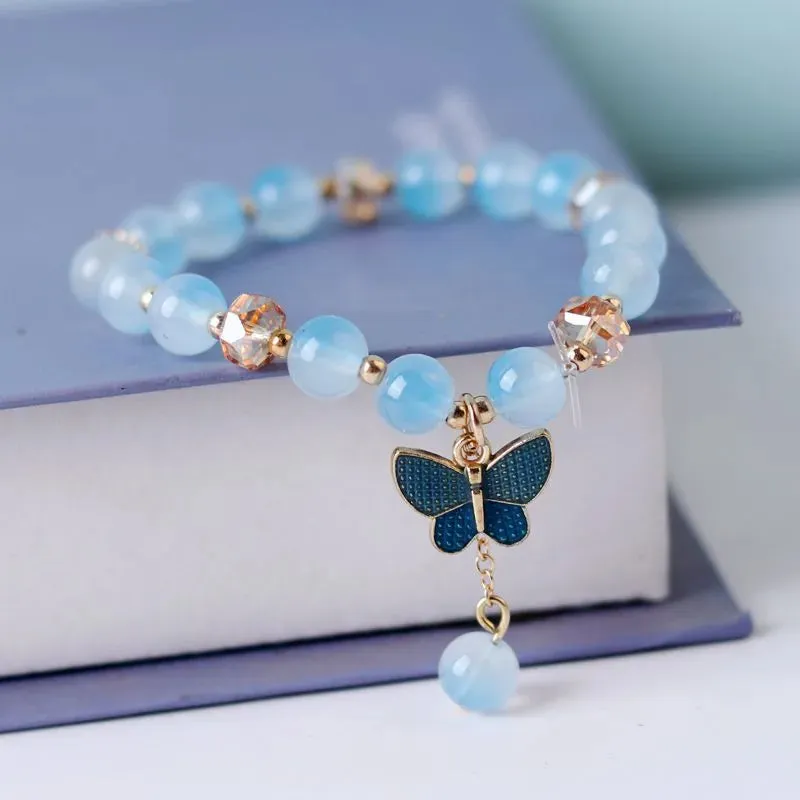 Cute Rhinestone Butterfly Charms Bracelet For Women Korean Fashion Crystal Beaded Bracelets Bridal Wedding Jewelry Travel Gift