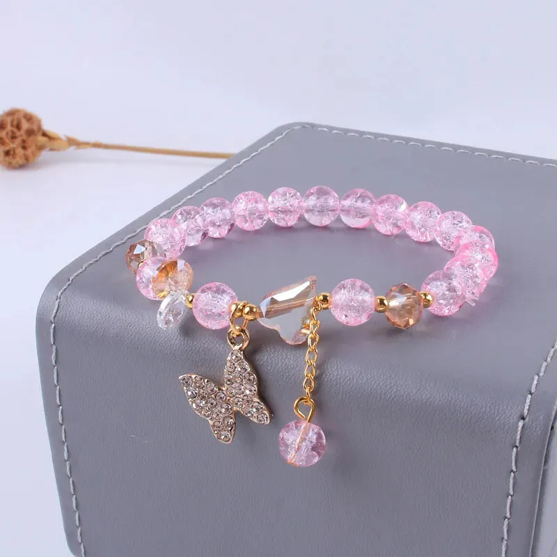 Cute Rhinestone Butterfly Charms Bracelet For Women Korean Fashion Crystal Beaded Bracelets Bridal Wedding Jewelry Travel Gift