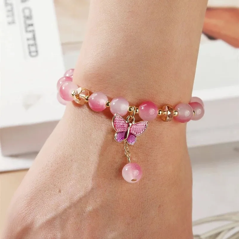 Cute Rhinestone Butterfly Charms Bracelet For Women Korean Fashion Crystal Beaded Bracelets Bridal Wedding Jewelry Travel Gift
