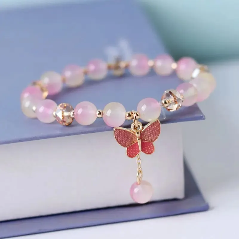 Cute Rhinestone Butterfly Charms Bracelet For Women Korean Fashion Crystal Beaded Bracelets Bridal Wedding Jewelry Travel Gift