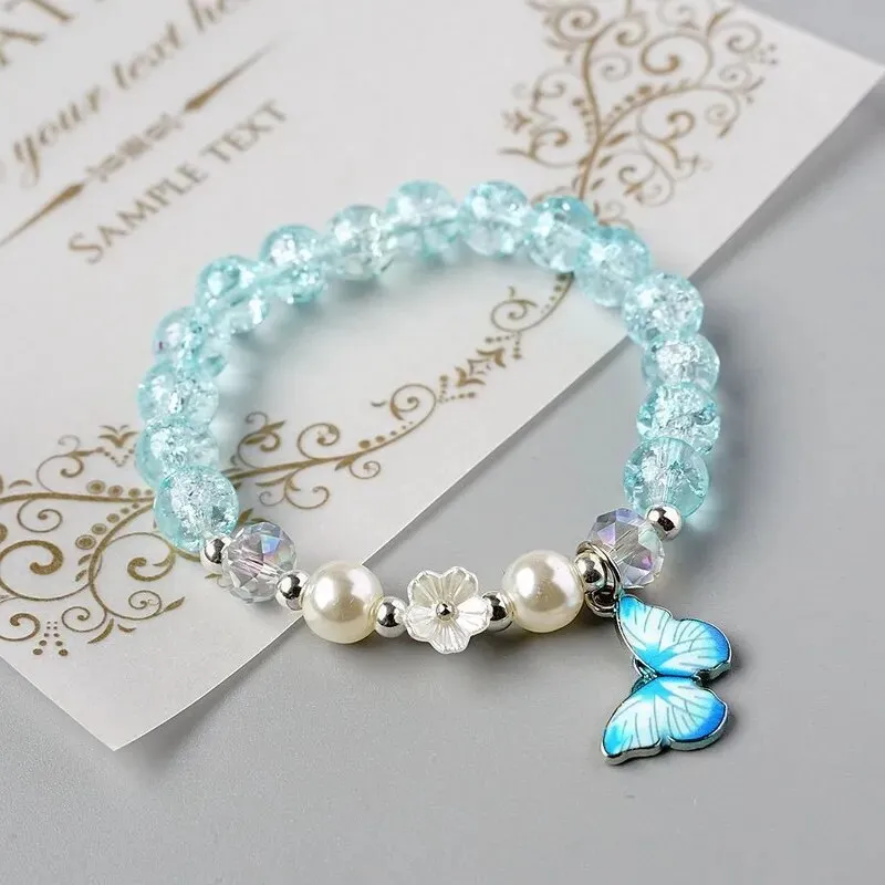 Cute Rhinestone Butterfly Charms Bracelet For Women Korean Fashion Crystal Beaded Bracelets Bridal Wedding Jewelry Travel Gift