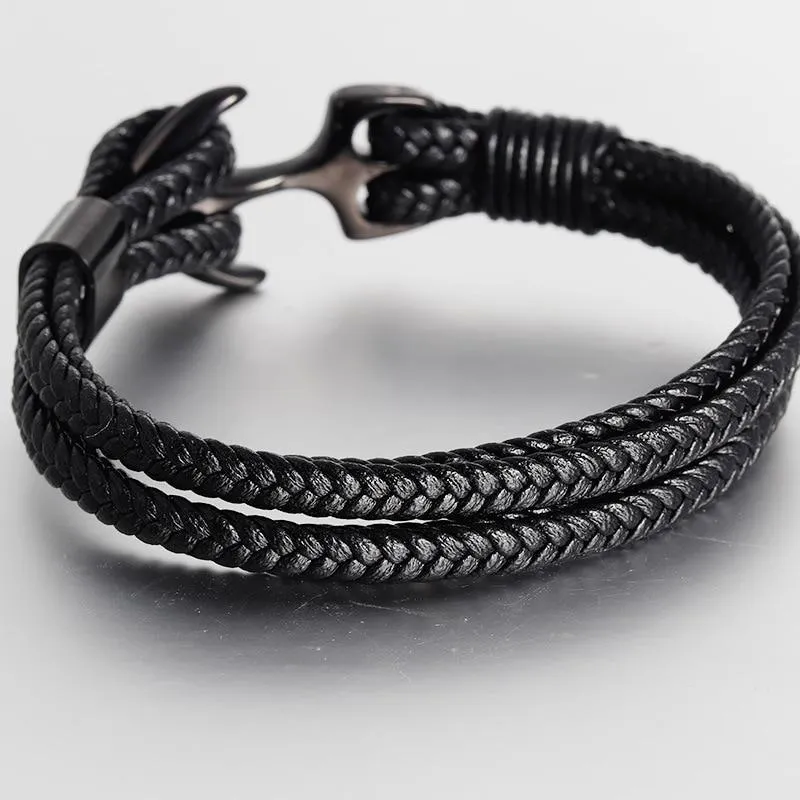 Elegant Fashionable Anchor High Quality Bracelet Men And Women Titanium Steel Bracelet Black Personality Leather