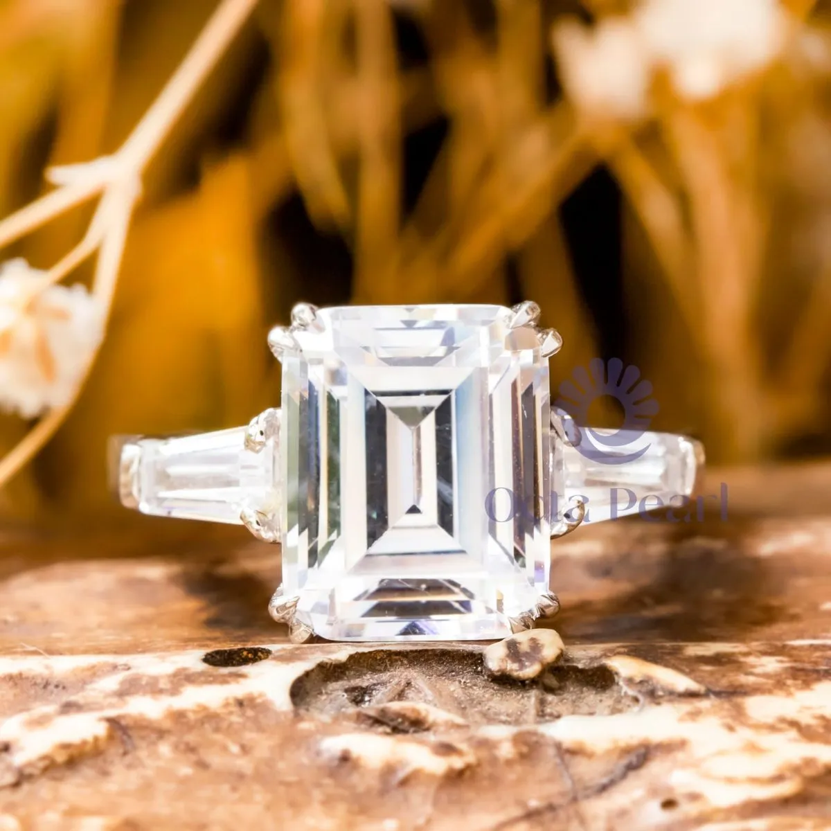 Emerald CZ Three Stone Engagement Ring For Women