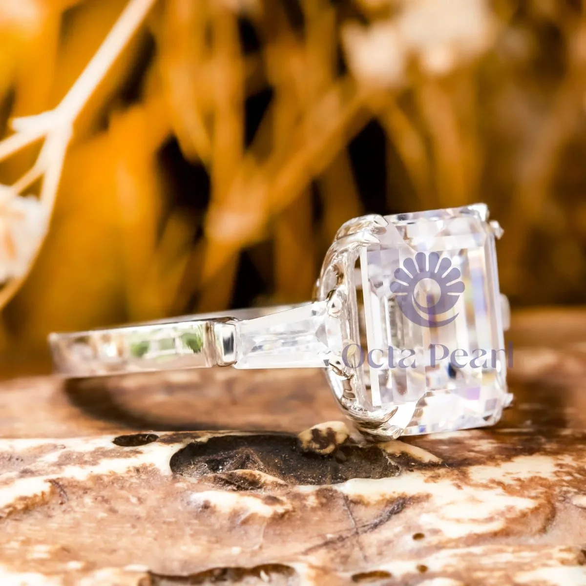 Emerald CZ Three Stone Engagement Ring For Women