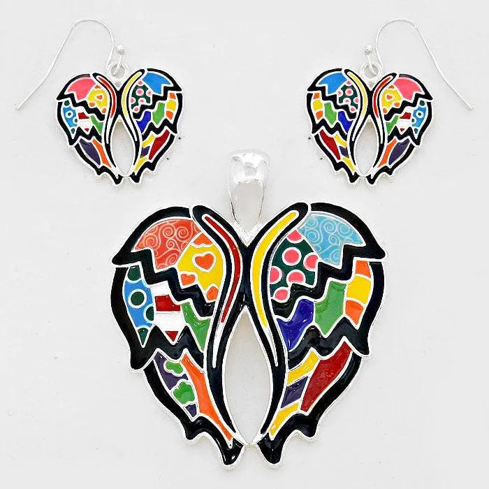 Enamel Angel Wings Multi Color Pendant Set
